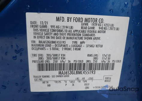 2021 Ford Ecosport Se from USA, damaged, VIN MAJ6S3GL8MC455193